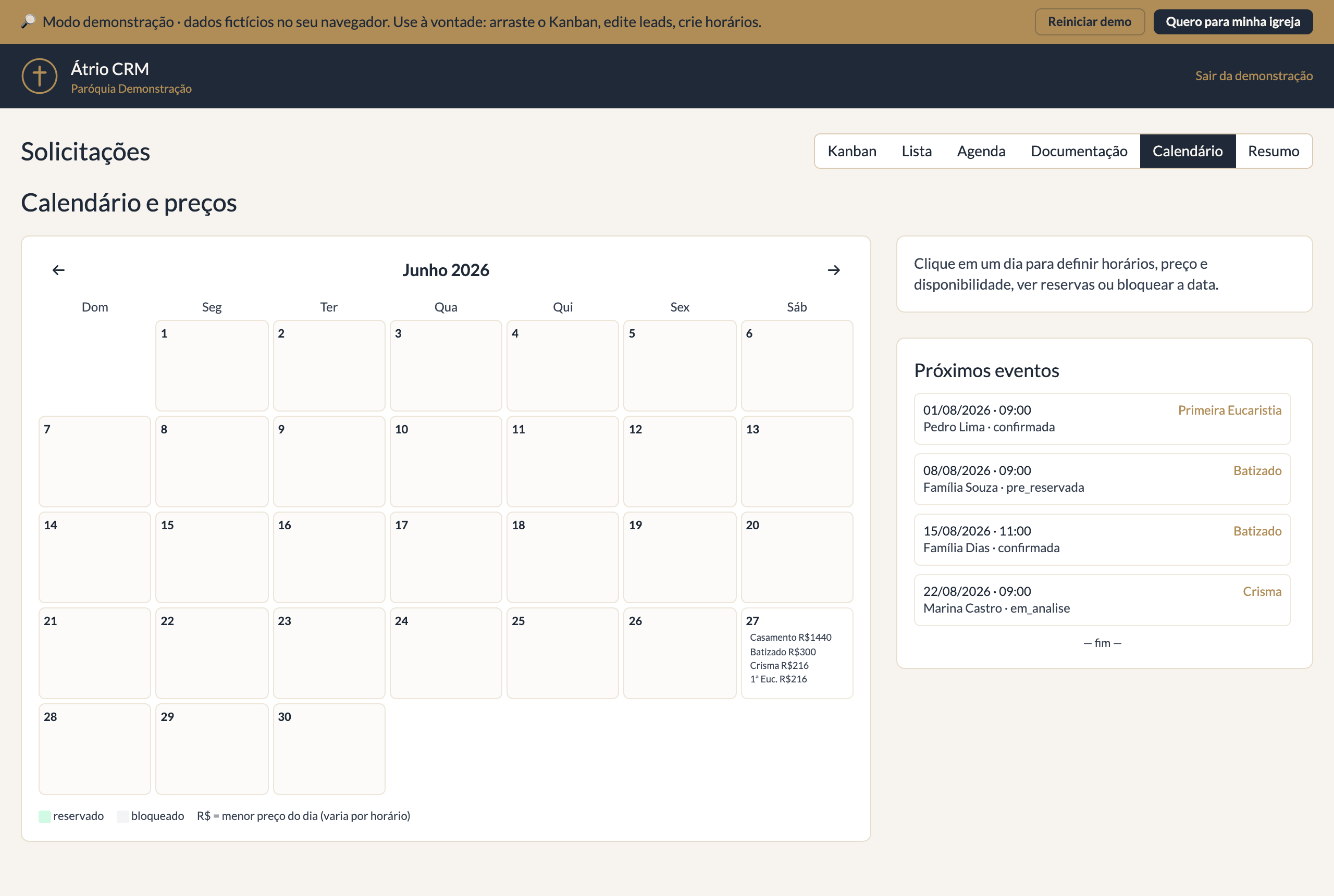 Calendário e preços do Átrio