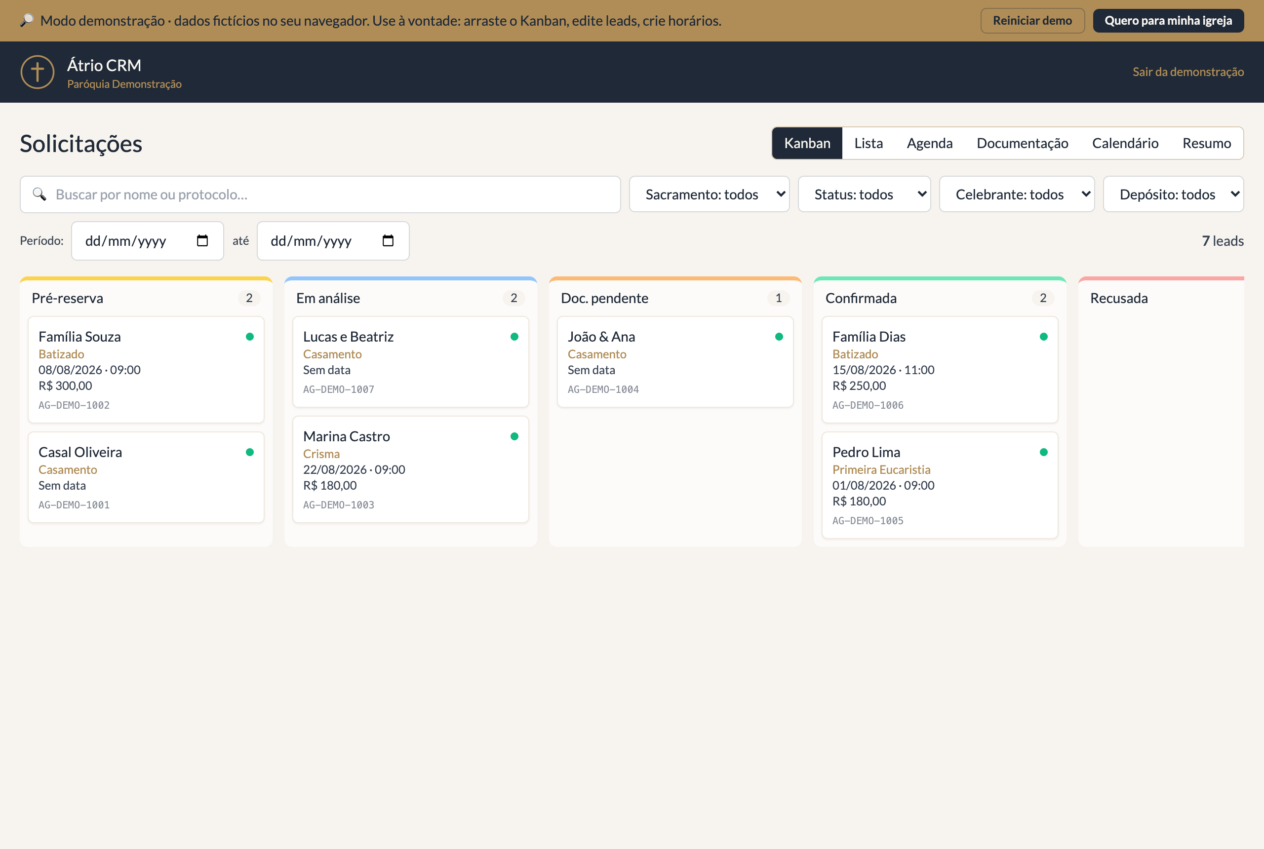 CRM em Kanban do Átrio